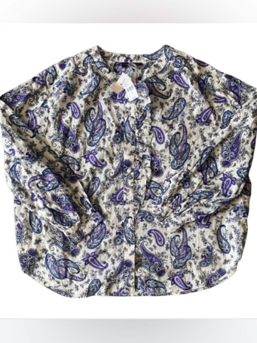 Lane Bryant Cream Blouse with Purple & Blue Paisley Print